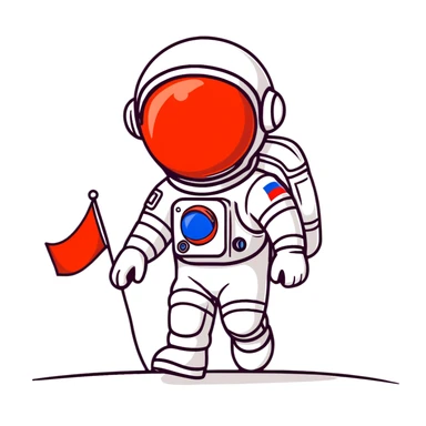 Cosmonaut walking on a planet surface, wearing a spacesuit with Russian flag, light hair and light skin visible through helmet sticker