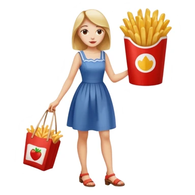 a young woman full length with cola in one hand and french fries in the other hand and a painting under her arm walking left sticker