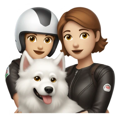 Girl biker white skin and brown short hair with a agv helmet hugging a white Samoyed sticker