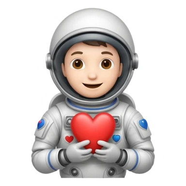 A happy spaceman holding a heart sticker