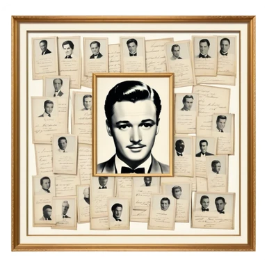 Icon for Autograph Collecting: several vintage framed with signatures of famous celebrities sheets stacked one on top of the other, each . The icon should evoke the charm and history of collecting autographs. Transparent background. sticker