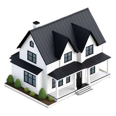 isometric exterior modern farmhouse, 3d realistic, white with black trim sticker