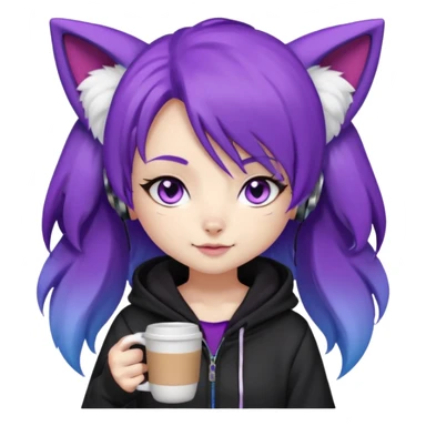 chibi fox girl with purple hair , purple fox ears, purple fox tail, black hoodie, blue eyes with head phones around her neck and white shorts, generate her looking smug holding a large coffee cup sticker