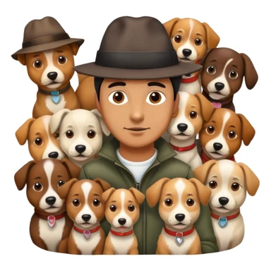 A man with 10 dogs with hats on sticker