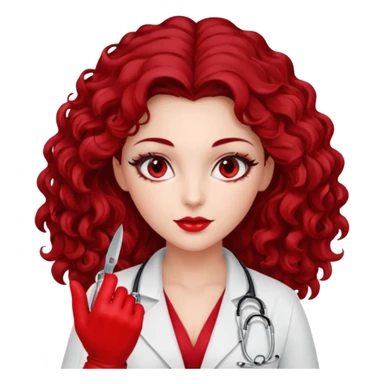 Lilith scalpel in hand, evil surgeon red outfit.  She has red eyes. She has dark brown long curly hair. Wears sexy doctor outfit with red gloves sticker