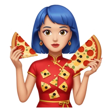 Katy Perry, wearing cheongsam, with pizza sticker