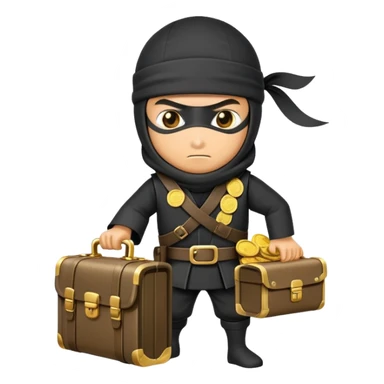 Sneaky ninja character with a treasure briefcase of gold coins and bills sticker