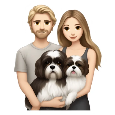 A couple, one very beautiful white  girl with very long volume dark blond hair and one white boy with perfect brown hair that hugs her and also hugs two little dogs shih tzu black and white sticker