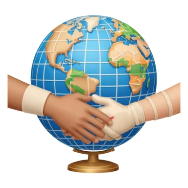 instead of two hands holding a globe, we have two hands handshaking in front of a globe. And in the background, we can see that the globe has a bandage or something. THE GLOBE HAS THE BANDAGE NOT THE HANDS sticker