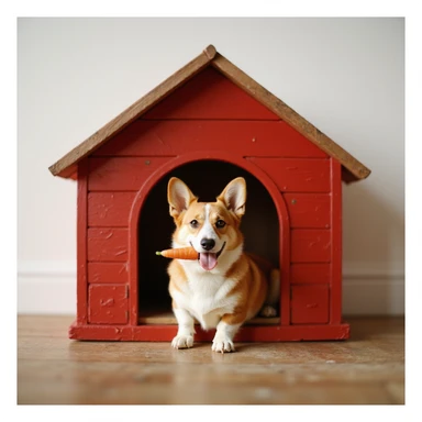 realistic red dog house with a Corgi dog inside, Corgi with a carrot, photorealistic style sticker