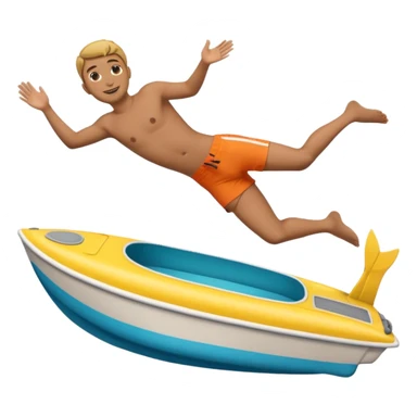 Emoji-style side view of boat with person diving off, rounded cute features, soft shading, colorful, PNG cutout sticker