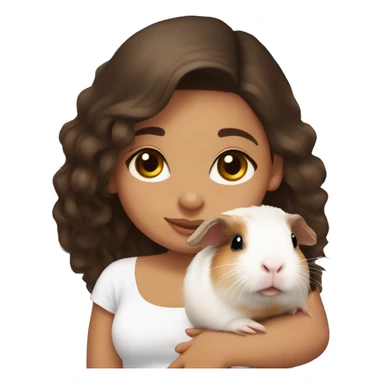 a Latina girl with long dark brown hair and light skin wearing a white tube top shirt snuggling a baby guinea pig sticker