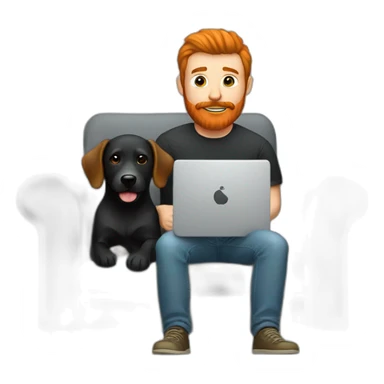 a man with a red beard sits working on a computer on the sofa with a black Labrador sticker