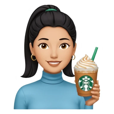  tan skin woman with long face, and very short black hair slicked back ponytail with forehead showing, wearing solid light blue turtleneck shirt, drinking starbucks caramel frappuccino, smiling with middle parted hair sticker