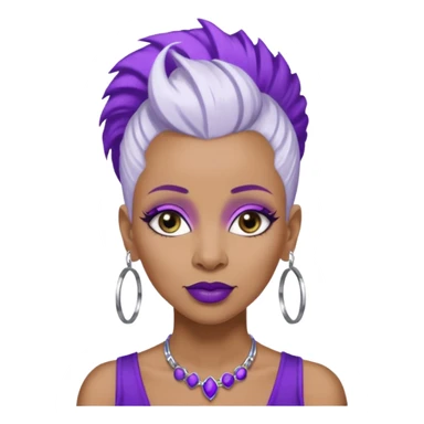 57 years young,  brown skinned Black queen with a  no hair on side and a  white mohawk hairstyle, purple lipstick,  purple eyeshadow,  droopy looking  eyes, hoop  design 
 earrings with the name Draya personalized on them.  sticker