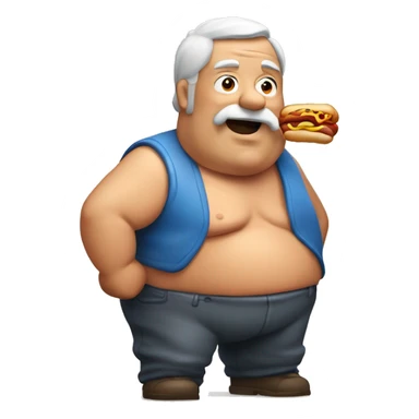 Shirtless Fat old man holding a hotdog with relish sticker