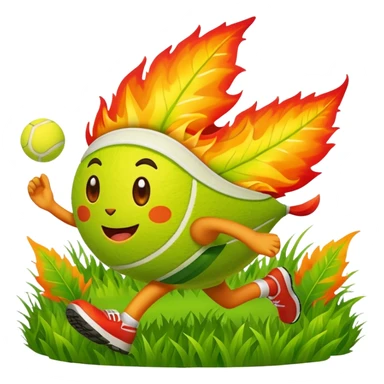 cartoon characters from bfdi, including a leaf, fire, and tennis ball, happily running in a grassy field sticker