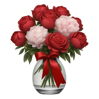 red and black bouquet of roses and peonies tied with a red ribbon in a glass vase sticker