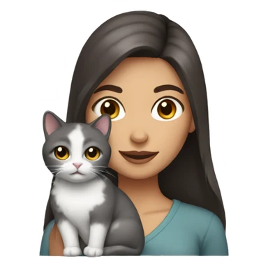 Woman with dark brown hair and brown eyes holding a gray fluffy cat sticker