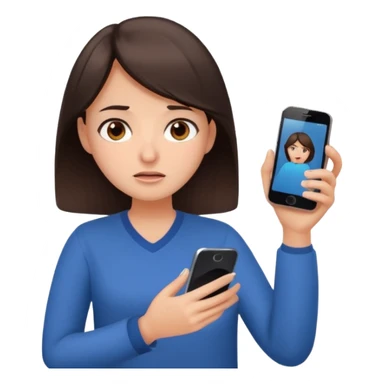 Social media manager. She has dark brown hair, brown eyes, overwhelmed expression, tired eyes, slightly stressed face,a holding a smartphone with notifications piling up sticker