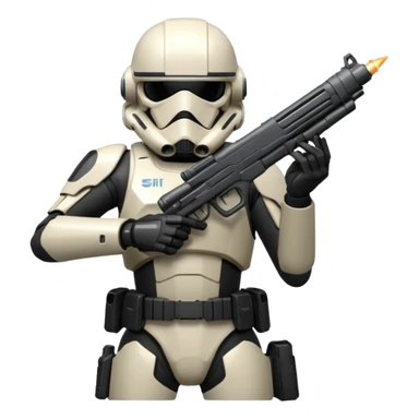 A joking DARK Trooper from Star Citizen, a skifi space Game. With a futuristic gun sticking to His back sticker