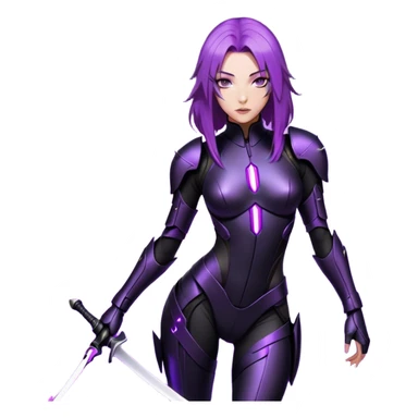 A sleek warrior woman with flowing purple hair, her sharp violet eyes glowing with quiet intensity. She wears a form-fitting black armored suit with smooth, seamless plating, a fusion of high-tech design and elegant minimalism. The matte black surface subtly reflects the dim ambient light, highlighting the streamlined contours of her suit. A slim, obsidian blade rests at her side, its edge barely visible in the soft glow of floating digital glyphs around her. Her expression is poised—calm, calculated, and unwavering, standing against a gradient-lit backdrop, where darkness meets the faintest hint of neon luminescence. sticker