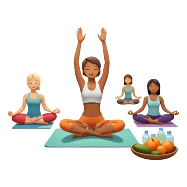 A person moves through a gentle yoga pose in the morning sun, one hand reaching up, the other near a plate of vibrant whole foods and a bottle of water. A cozy bed sits behind them, glowing softly. Nearby, a small group of friends laughs together under a tree—health, movement, nourishment, rest,  sticker
