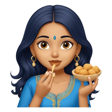a pretty tan indian bratz girl. eyeliner on, wearing a blue kurti, eating golgappa. NO SPOON. wavy long BLACK coloured hair sticker