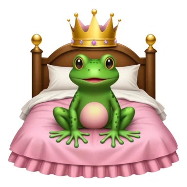 Brown bed with white sheets and a pink comforter.  In the bed sits a frog in a frilly little pink dress, wearing a crown and sitting like a frog would normally sit. sticker