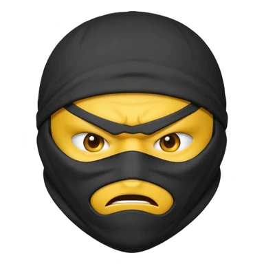 angry ninja face emoji with dark gray ninja mask, no visible skin, classic emoji yellow face sticker