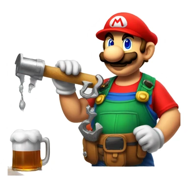 Mario plumber drinking beer with a shirt that reads “HOPE” with a pipe wrench logo sticker