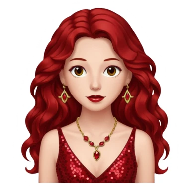 Chappell Roan, Pop Singer (b.1998) with long dark red wavy hair, red sequin dress and necklace sticker