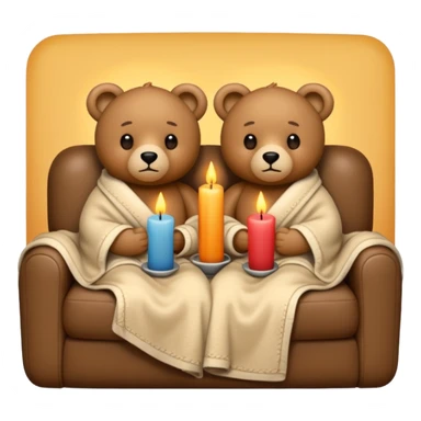 Two teddy bears cuddling wrapped in a blanket watching tv on couch with candles next to them sticker
