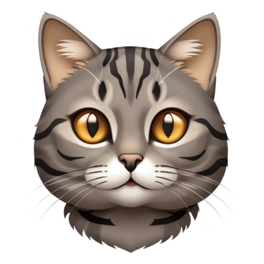 cinematic-cute-grey-and-black-brown-tabby-cat-portrait-emoji,-head-tilted-playfully-and-inquisitively,-sleek-grey-brown-fur-with-bold-black-tabby-stripes-and-a-distinctive-m-shaped-marking-on-the-forehead,-sparkling-amber-eyes,-simplified sticker