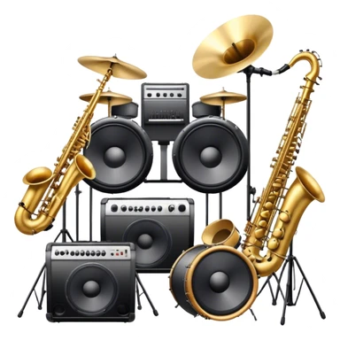 Icon for R&B Music Listening: large concert speakers and headphones with waves of musical notes coming out, along with drum kit, and synthesizer, saxophone and bass guitar. The icon should convey the energetic and rhythmic vibe of R&B music. Transparent background. sticker