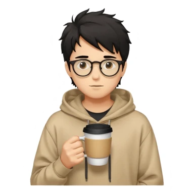 a light tan handsome boy with messy a black hair and spectacles. wearing a beige oversized and loose hoodie with a coffee in hand sticker