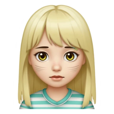Girl with long straight dark brown hair and blonde striped streaks, with bangs. Light skin and dark eyes. Turn her into a cute zombie version — pale greenish skin, dark eyes, small wounds under eyes, keep her hair and mechas the same, emoji-style. sticker