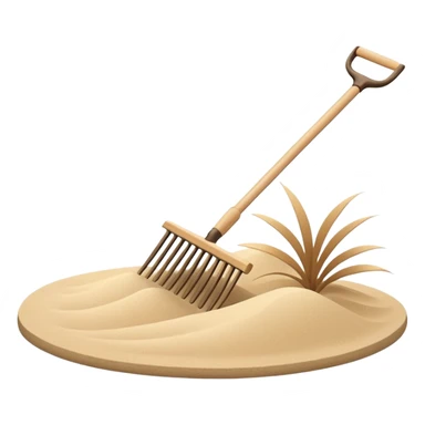 Minimalist emoji of a Japanese zen garden rake with four teeth, elegant thin lines, light wood tone, sand-beige palette, flat vector style, calm and balanced aesthetic, zen-inspired, transparent background, premium minimal design sticker