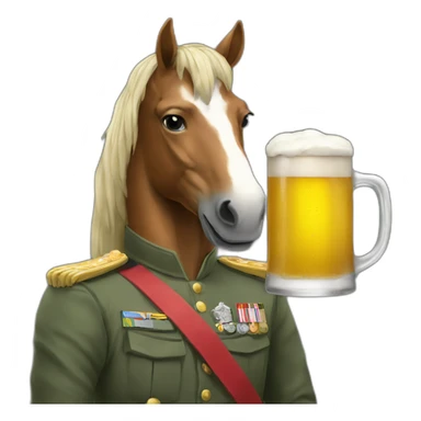a horse in military uniform holding a beer sticker