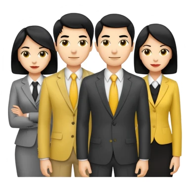 4 people, two man and two women,yellow skin office style,black hair, Half-body photo sticker