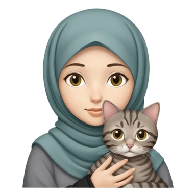 White girl wearing  hijab holding a black grey tabby cat sticker
