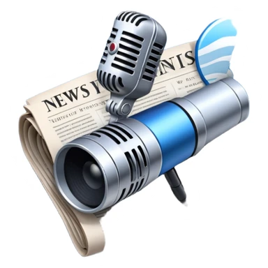 An icon featuring a microphone, a newspaper, a reporter’s camera, and soundwaves, representing journalism and mass media. The design includes headlines and imagery, symbolizing the spread of news and information. Transparent background highlights the power of communication and media. sticker