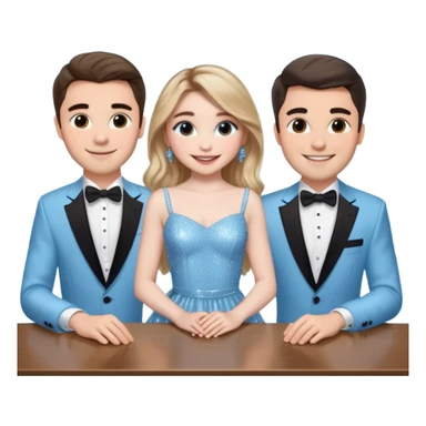 Sabrina carpenter in a light blue sparkly dress at a table with 3 handsome men, and she is standing up reaching over  sticker
