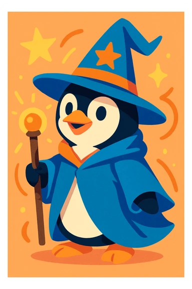 fun and whimsical style penguin dressed as a wizard, with a pointy hat and a magic staff sticker