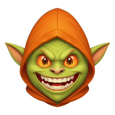 Hobgoblin-style goblin face emoji, orange hood, evil grin, sharp teeth, expressive Apple-style emoji sticker