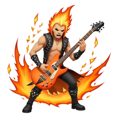 An icon showing a rock musician wielding a guitar in an epic battle, inspired by Brutal Legend. The design features fiery backgrounds, musical notes floating in the air, and electrifying stage lights, capturing the power of music and combat. Transparent background highlights the energy. sticker