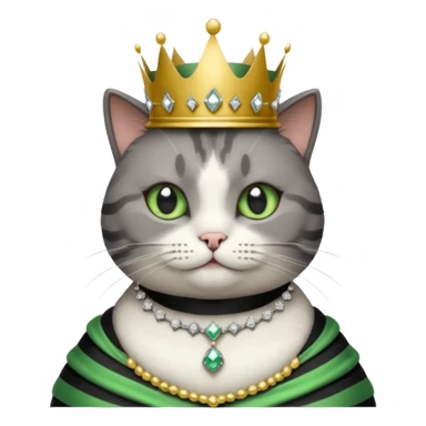 Gatito gris oscura con rayas negras ojos verdes vestida de reina con coronas y diamantes, más peluda y gordura  sticker
