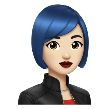 Dani Kim A Korean-white woman with short blue asymmetric bobbed hair, rounded heart-shaped face, red lipstick, black eyeliner and mascara wings, and black choker collar, earings,  light freckles, asian features, leather jacket and band t-shirt sticker