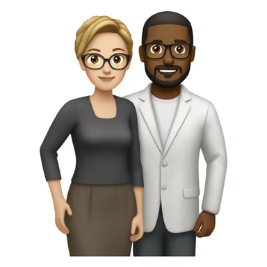 Mixed race couple, white wife with dark brown hair and glasses and honey-brown eyes, black husband with goat tee and glasses sticker