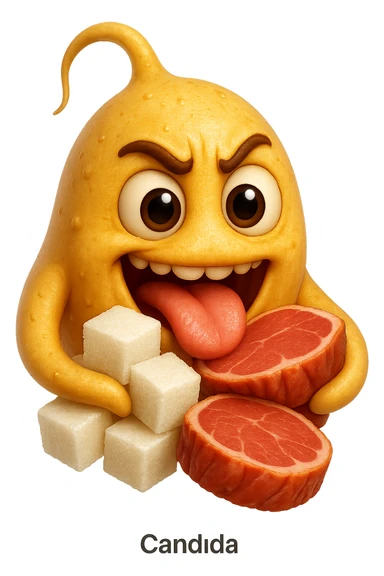 emoji stile iphone realistica di un batterio della candida con espressione affamata che si nutre di zollette di zuccheri e fettine di carne, IPERREALISTICO 4K sticker